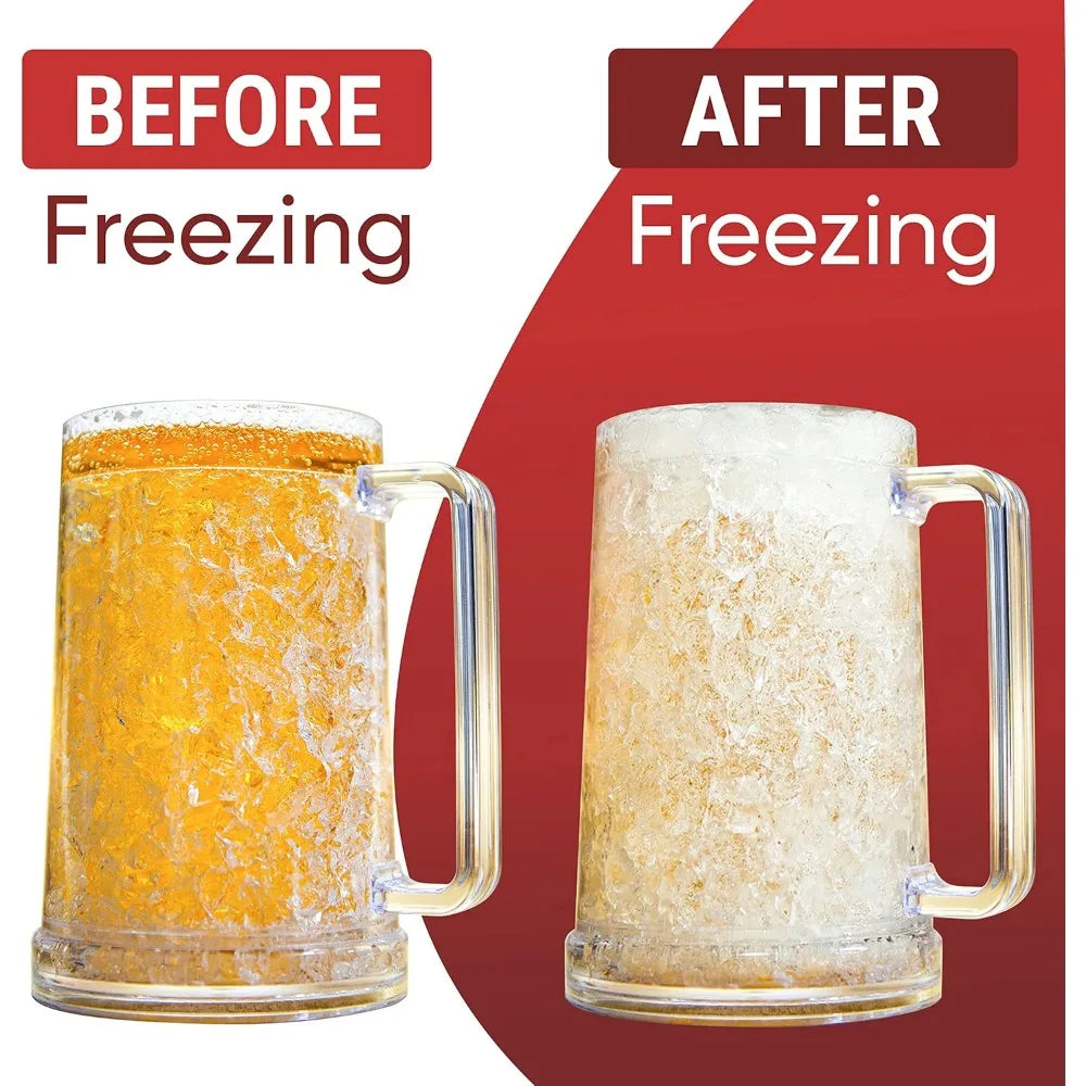 Frozen Beer Mugs For Freezer, Clear Double Walled Beer Mugs Set of 2, With Handles 16oz