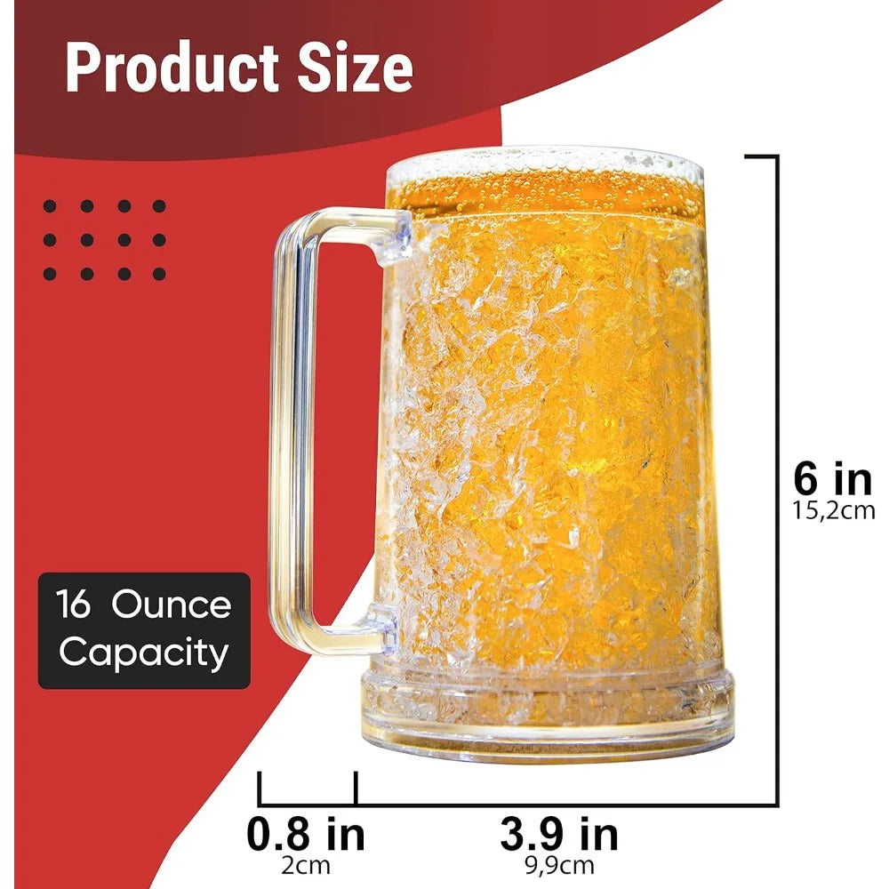 Frozen Beer Mugs For Freezer, Clear Double Walled Beer Mugs Set of 2, With Handles 16oz