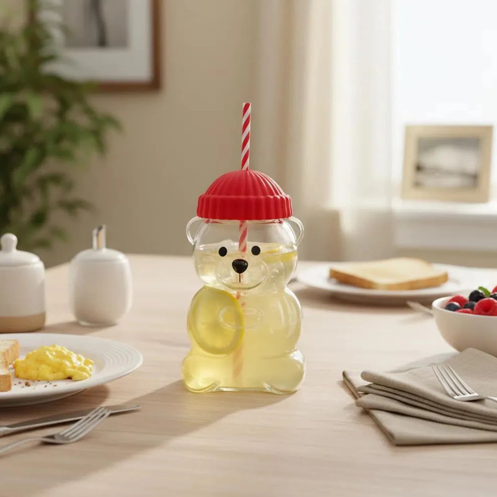 【New】Bear Straw Cup 20oz Cute Clear Glass Straw Cup with Red Lid for Coffee Milk Tea Hot Cold Drinks Cute Glass Straw Cup