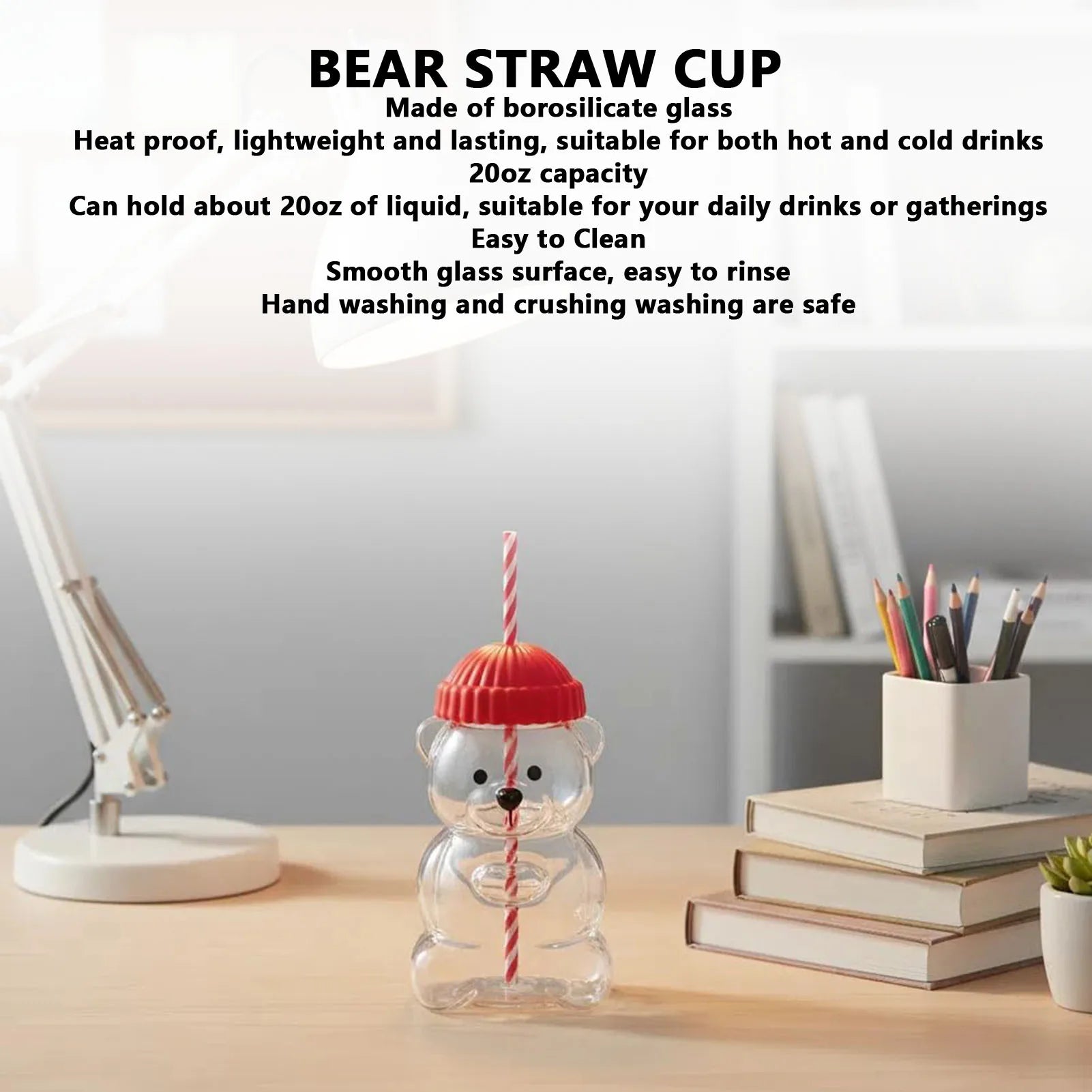 【New】Bear Straw Cup 20oz Cute Clear Glass Straw Cup with Red Lid for Coffee Milk Tea Hot Cold Drinks Cute Glass Straw Cup